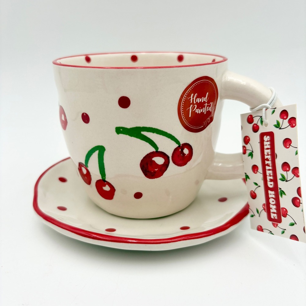 Sheffield Home Hand Painted Cherry‎ Ceramic Coffee Mug and Saucer Set